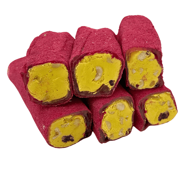 Mulberry Wrapped Turkish Delight with Lemon and Hazelnut