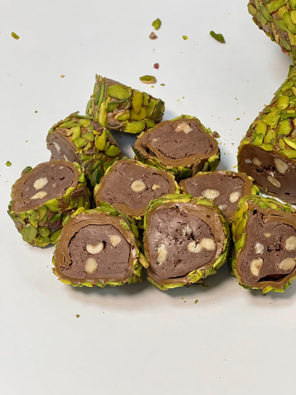 Pistachio Wrapped Chocolate Turkish Delight with Hazelnuts